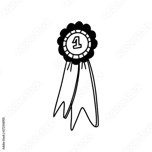 Linear doodle icon - winner reward. Round badge with ribbons. Award ceremony. Victory. Hand drawn linear illustration. Vector.
