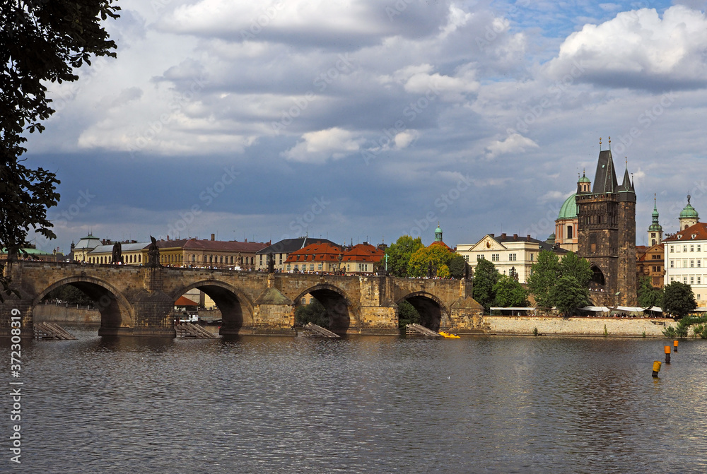 view of Prague and river Vltava with Charles bridgel, Prague, Czech Republic
