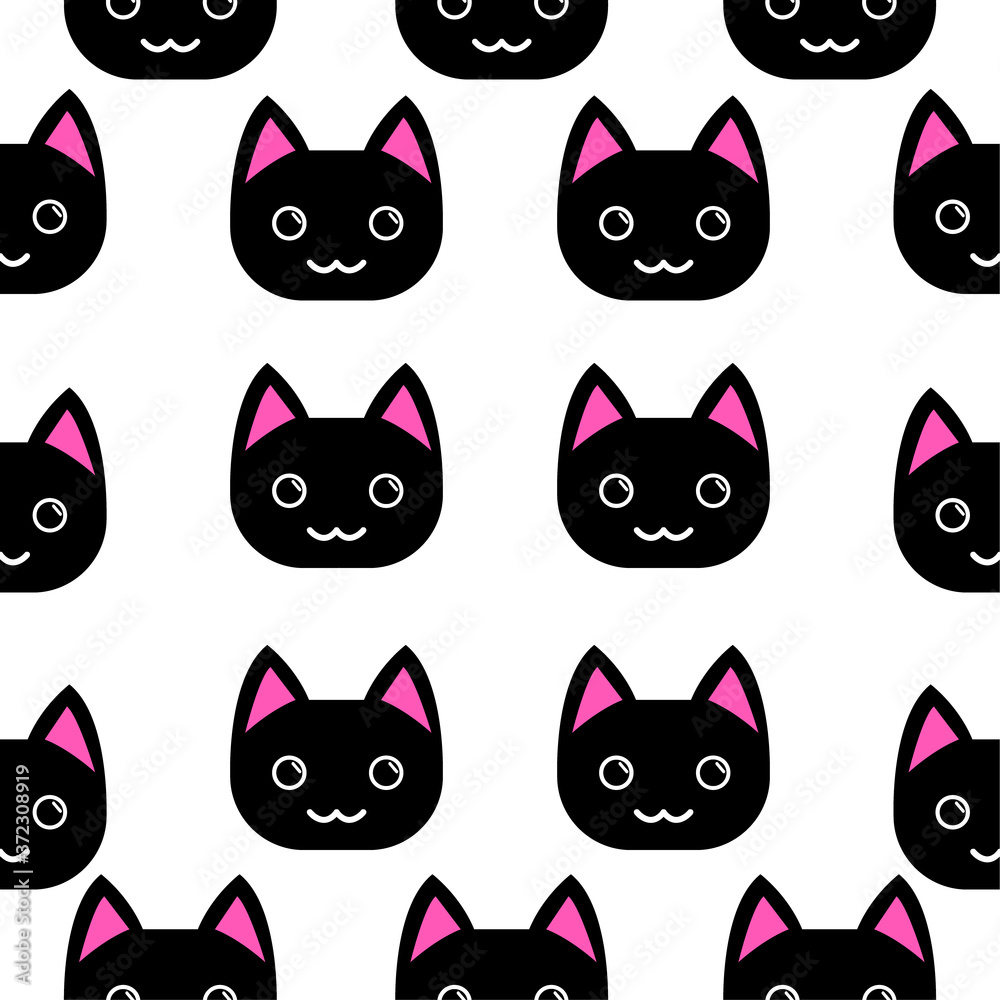 Seamless pattern cute black face cat on white background