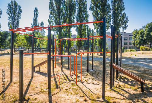 Fototapeta Naklejka Na Ścianę i Meble -  Sports ground view, sports lifestyle concept. Playground near the school