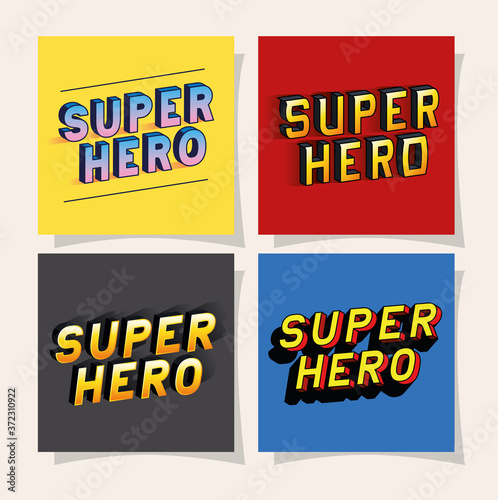 3d super hero lettering set on colored backgrounds design, typography retro and comic theme Vector illustration