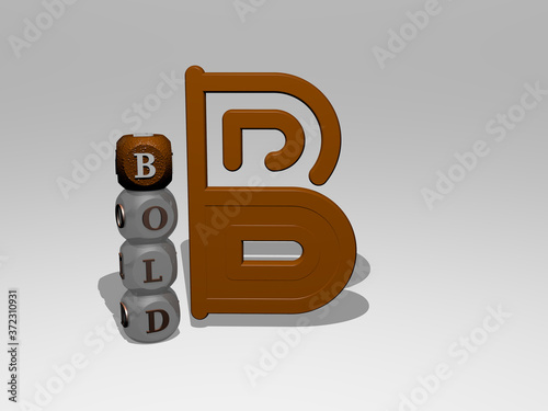 3D representation of bold with icon on the wall and text arranged by metallic cubic letters on a mirror floor for concept meaning and slideshow presentation for illustration and background photo