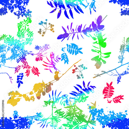 The seamless background is the silhouettes of the trees. Print tree branches. Mixed media. Vector illustration