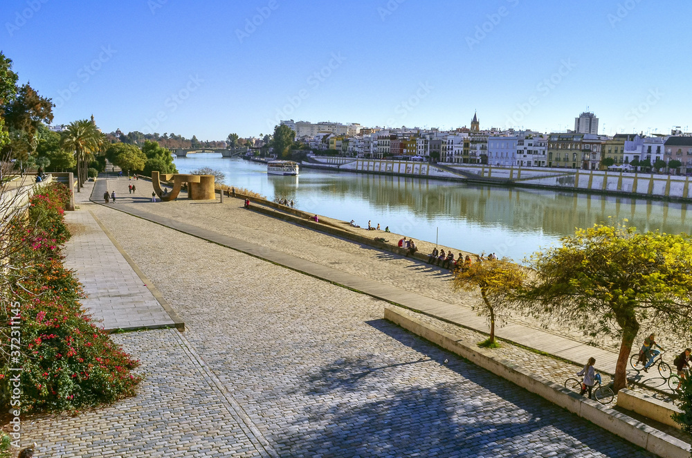 City shore of Guadalquivir river in Seville