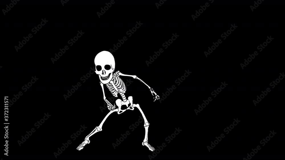 Seamless animation of a thriller dancing skeleton printed drawn style cartoon isolated with alpha channel. Funny halloween background with marker stroke effect in black and white.