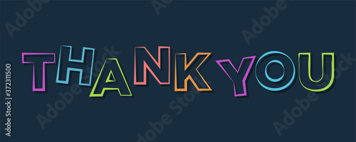 Thank You Card. Colorful Outline Text Lettering with Hand Drawn Calligraphy Style isolated on Blue Background. Flat Vector Illustration for Greeting Cards