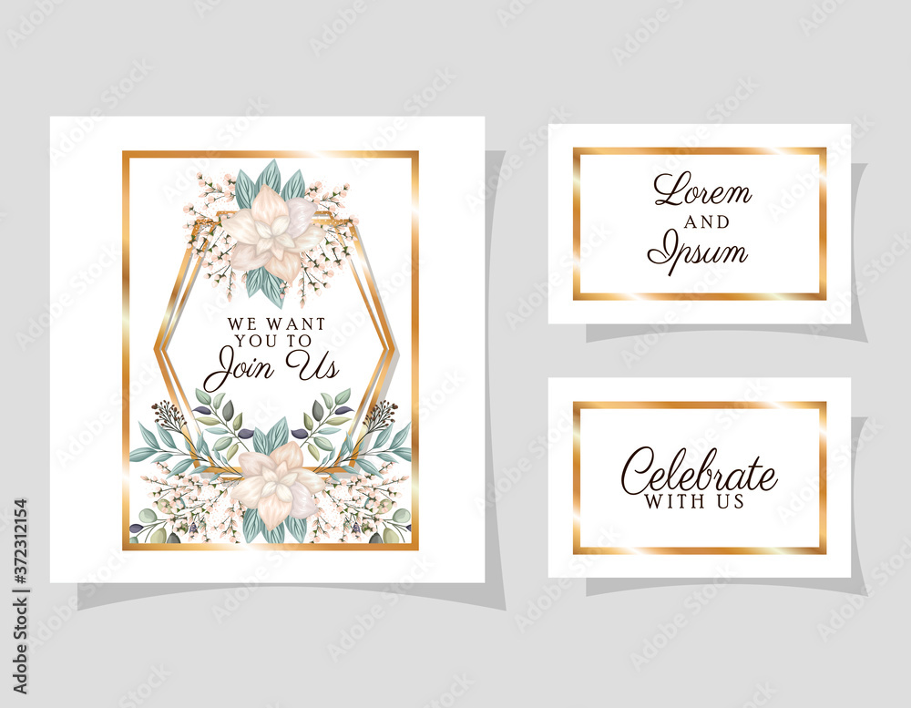 Wedding invitations set with gold ornament frames and white flowers with leaves design, Save the date and engagement theme Vector illustration
