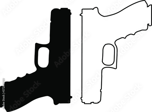 Austrian army automatic pistol silhouette black and white. Police force weapon. Vector illustration photo