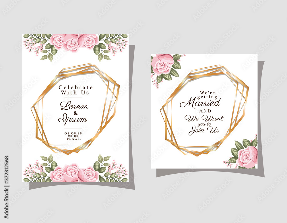 Two wedding invitations with gold ornament frames and roses flowers on gray background design, Save the date and engagement theme Vector illustration
