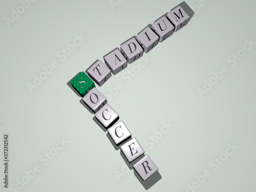 STADIUM SOCCER crossword by cubic dice letters, 3D illustration for football and editorial photo