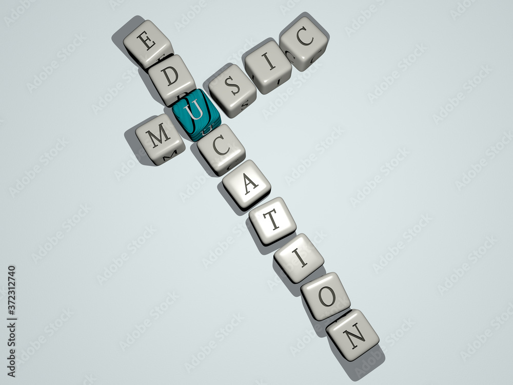 MUSIC EDUCATION crossword by cubic dice letters, 3D illustration for background and design MUSIC EDUCATION crossword by cubic dice letters, 3D illustration for background and design