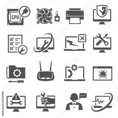 Computer repair, diagnostics services bold icons set isolated on white. Technical support.