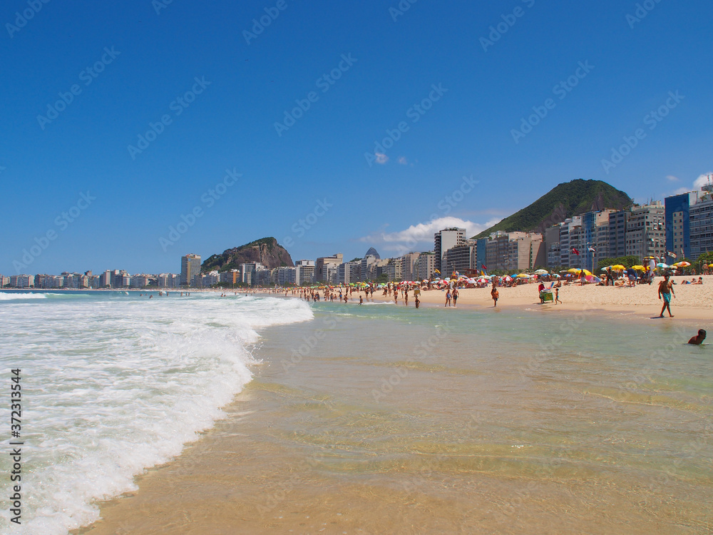 Rio de Janeiro, Brazil - 03/09/2020: sunny day on the coast of the Atlantic ocean, Copacabana beach. Copy space for text. Rio de Janeiro, Brazil - 03/09/2020: sunny day on the coast of the Atlantic ocean, Copacabana beach. Copy space for text.