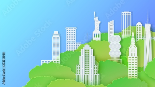 New York city landmark in summer season in paper cut stile. 3d vector green tree crowns and white houses and skyscrapers against a blue sky. Cut out from cardboard NYC urban landscape