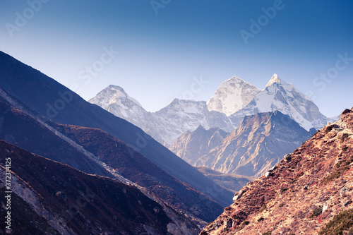 View of Kangtega mount in Himalaya mountains at sunrise. Khumbu valley, Everest region, Nepal.