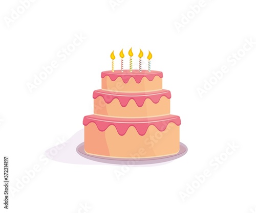 Vector cake with candles and cream illustration. Happy birthday wish card design element.