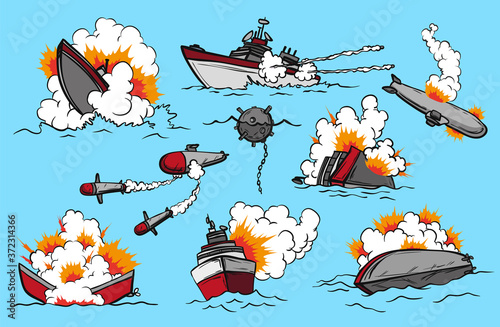 Comic book warships set. Collection of ships that launch missiles or explode. Military action. Pop art concept icons for comic book page or app decoration