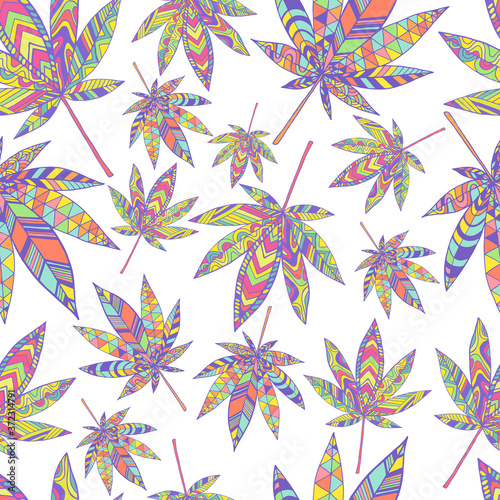 Bright summer psychedelic abstract hallucinogenic cannabis leaves seamless pattern, isolated on white background.