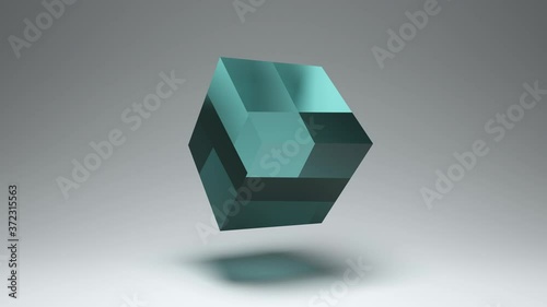 Glass cube floating on neutral background, abstract animation loop