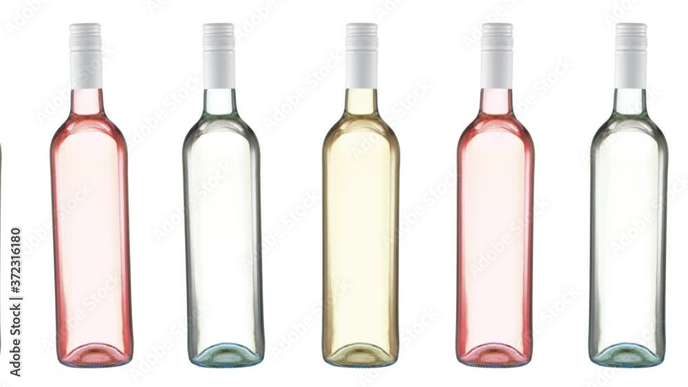 Unlabelled bottles of white, yellow and rosé wine move along a conveyor belt and wiggle at random. Looped video. Unlabelled bottles of white, yellow and rosé wine move along a conveyor belt and wiggle at random. Looped video.