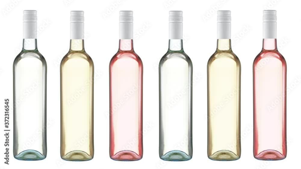 Unlabelled bottles of white, yellow, and pink slide into the frame one at a time.