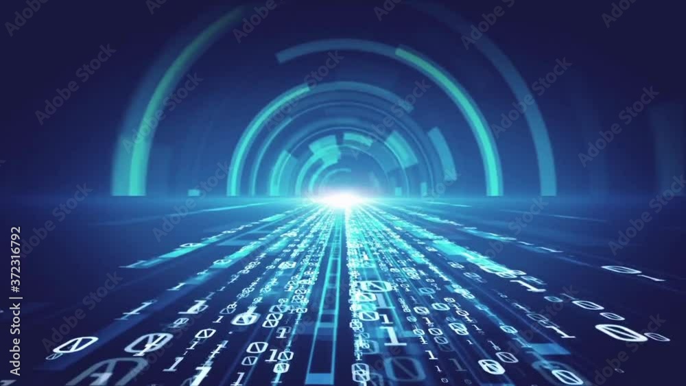 Going through digitally generated tunnel with numbers flowing