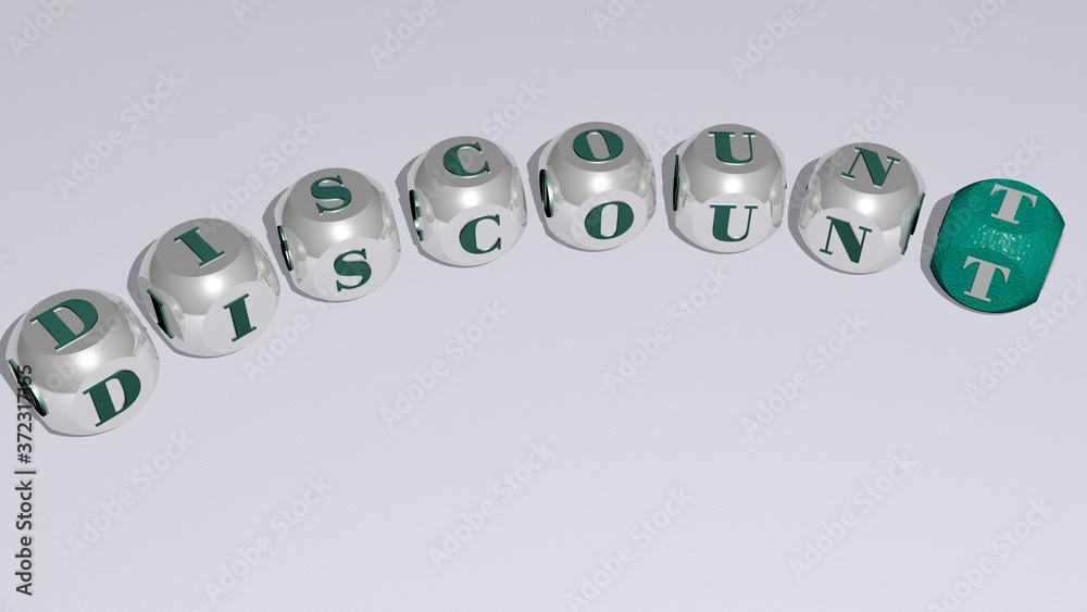 DISCOUNT text of dice letters with curvature, 3D illustration for sale and background DISCOUNT text of dice letters with curvature, 3D illustration for sale and background