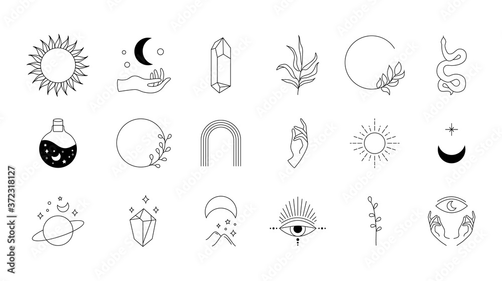 Boho doodle mystic set. Magic hand drawn simple logo icons with snake crystal eye sun moon, minimal fine line tattoo. Abstract vector illustration