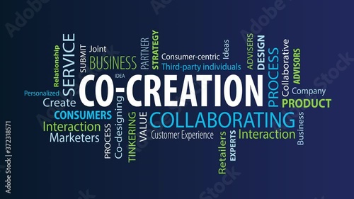 Animated Co-Creation Word Cloud on a Blue Background photo