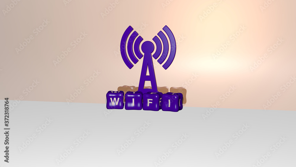 Naklejka premium 3D illustration of wifi graphics and text made by metallic dice letters for the related meanings of the concept and presentations for icon and internet