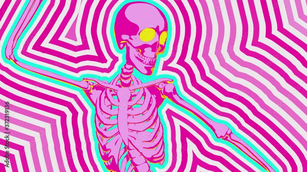 Seamless animation psychedelic dancing skeleton printed drawn style cartoon. Hypnotic halloween background with rainbow marker stroke effect 