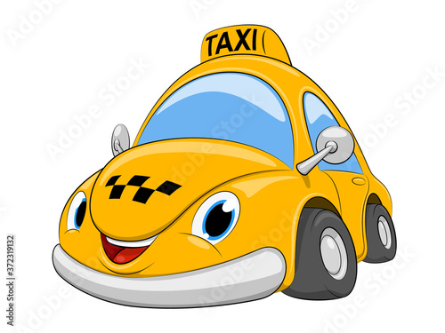 Funny cartoon taxi car. A yellow car on a white background. Cartoon character.