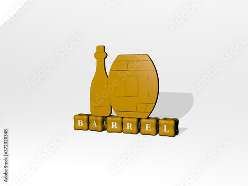 BARREL 3D icon object on text of cubic letters, 3D illustration for background and black