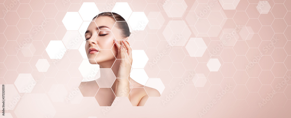 Young sensual woman with mosaic honeycombs on face. Young sensual woman with mosaic honeycombs on face.
