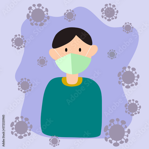 Man wears a face mask for protecting from virus. Pandemic. COVID-19 outbreak. Flat style character illustration.