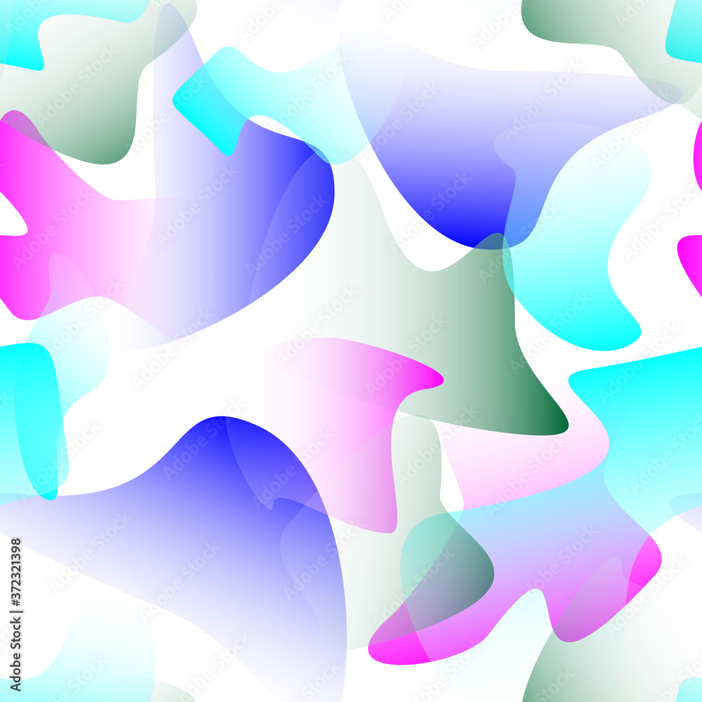 Obraz premium Seamless vector pattern. Multicolored plastic shapes with a gradient fill are randomly scattered on a white background.