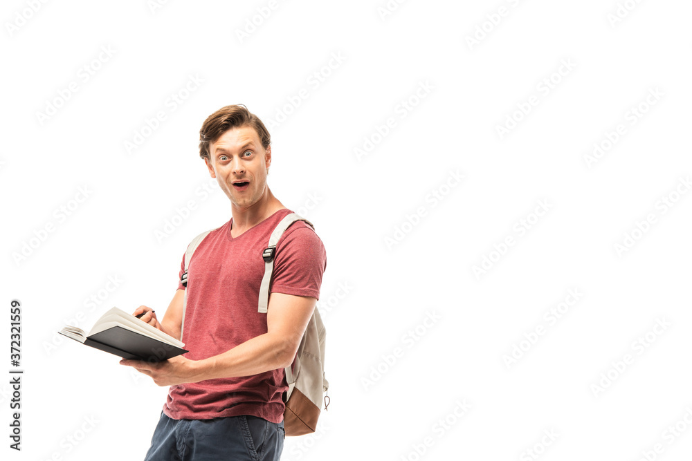 Shocked student holding notebook and looking at camera isolated on white Shocked student holding notebook and looking at camera isolated on white