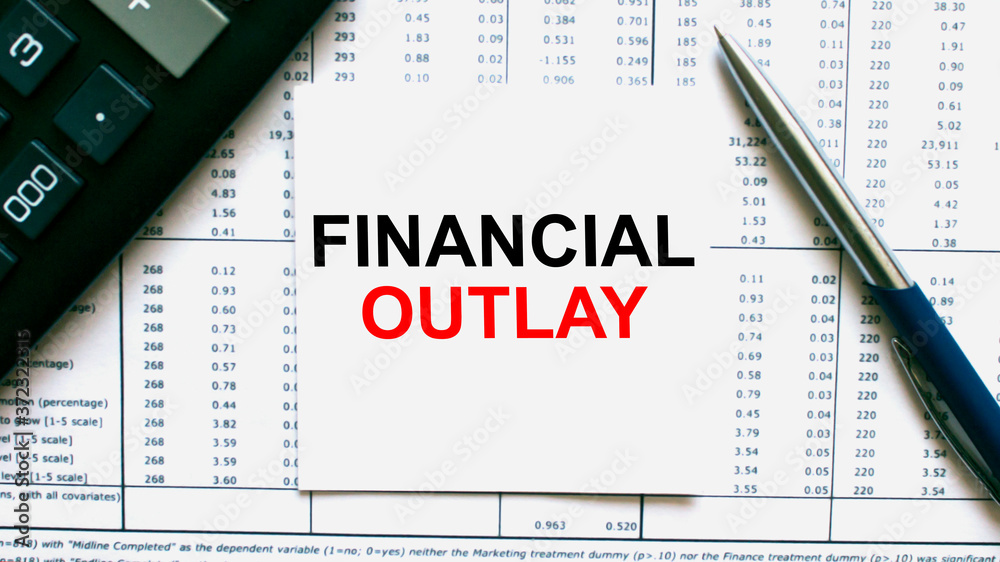 Work smarter text Financial Outlay on white sheet with pen, calculator and tables Work smarter text Financial Outlay on white sheet with pen, calculator and tables