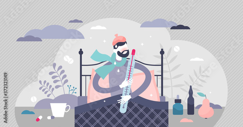 Sickness temperature patient treatment with pharmacy tiny persons concept