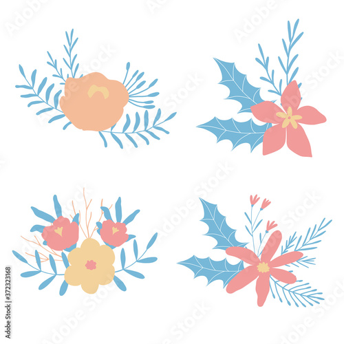 Modern gentle miniature bouquets set. Floral and herbal hand drawn illustration. Perfect for greeting card, branding, websites, social media, weddings, invites, packaging designs. Pastel powder colors