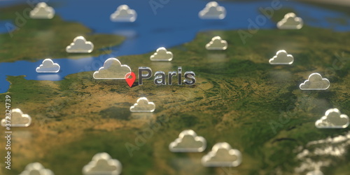 Cloudy weather icons near Paris city on the map, weather forecast related 3D rendering