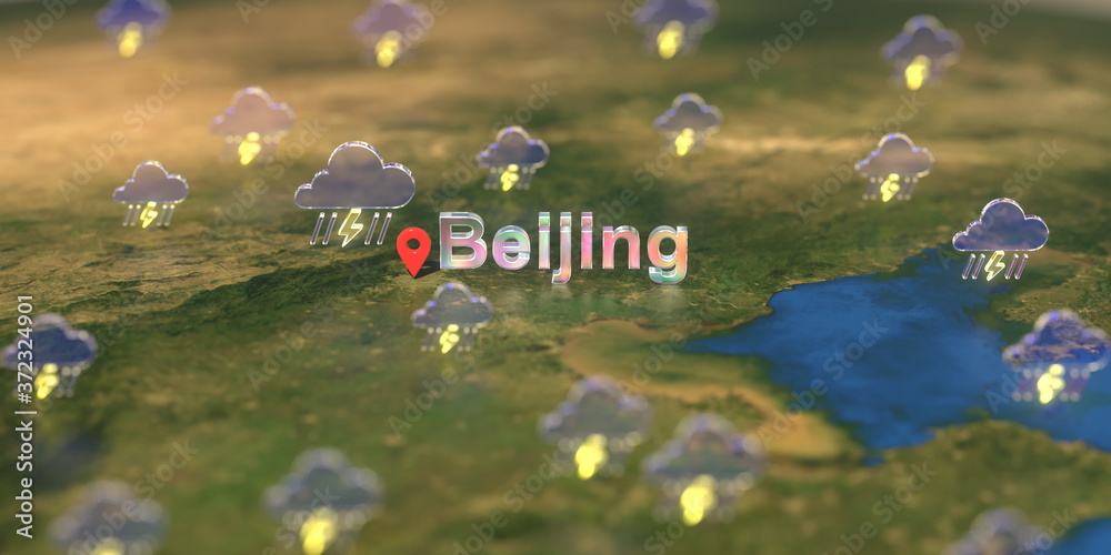 Beijing city and stormy weather icon on the map, weather forecast related 3D rendering Beijing city and stormy weather icon on the map, weather forecast related 3D rendering