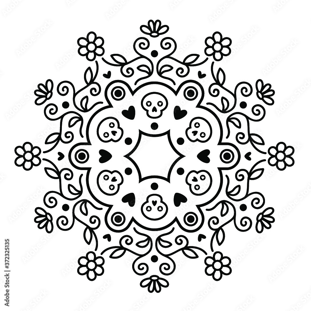 Circle ornate frame of swirling lines, vegetation, hearts. Print for the cover of the book, postcards, t-shirts. Illustration for rugs.