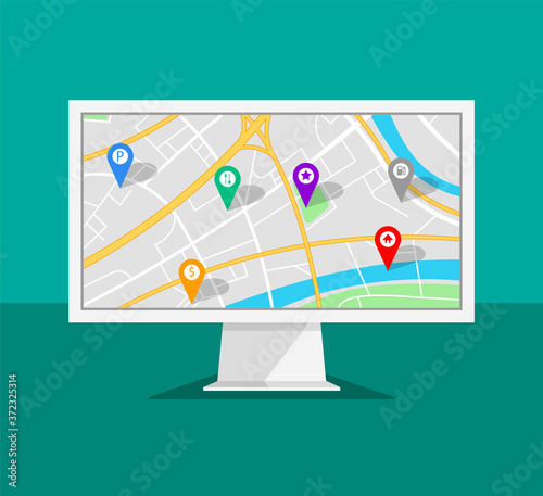 Computer monitor with map navigation on a screen. GPS navigator with different pinpoints. Vector illustration.	
