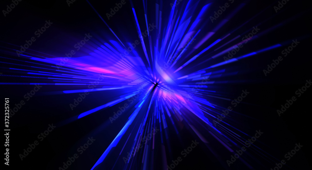 Futuristic lens flare. Light explosion star with glowing particles and lines. Beautiful abstract rays background.