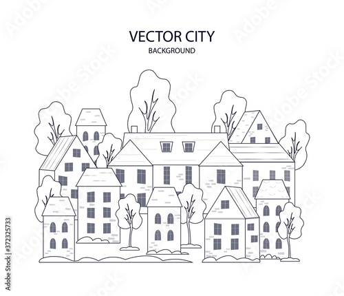 City panorama in thin line style. Illustration of the streets of the old cityscape. Cute city in cartoon style.