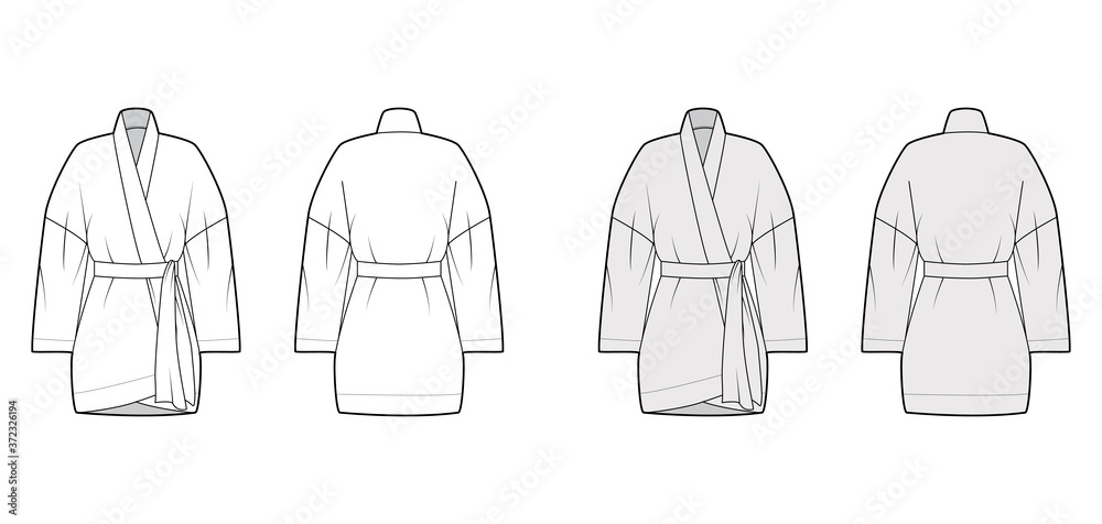 Kimono technical fashion illustration with long wide sleeves, belt to cinch the waist, above-the-knee length. Flat apparel blouse template front, back white grey color. Women men unisex shirt mockup Kimono technical fashion illustration with long wide sleeves, belt to cinch the waist, above-the-knee length. Flat apparel blouse template front, back white grey color. Women men unisex shirt mockup