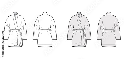 Kimono technical fashion illustration with long wide sleeves, belt to cinch the waist, above-the-knee length. Flat apparel blouse template front, back white grey color. Women men unisex shirt mockup