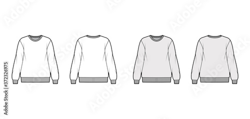 Cotton-terry oversized sweatshirt technical fashion illustration with relaxed fit, crew neckline, long sleeves. Flat jumper apparel template front, back white, grey color. Women, men, unisex top CAD
