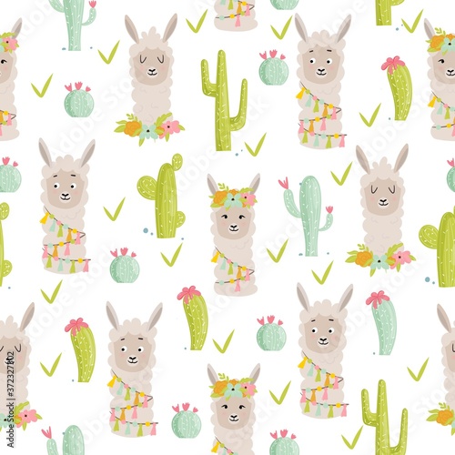 Seamless vector pattern with llamas and alpaca portraits and cactus with blooms. Illustration for children textile design.